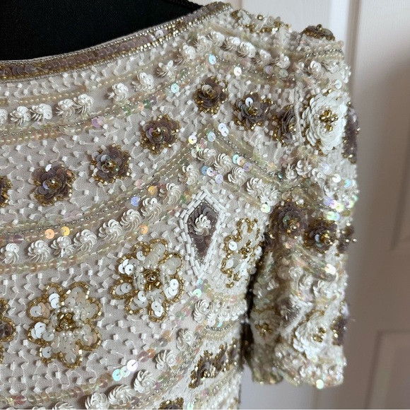 George F. Couture Champagne Hand-beaded and Silk Formal Evening Gown - Picture 3 of 10